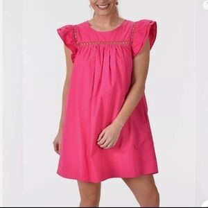 NWT LA VEN BEAUTIFUL VIBRANT SUMMER PINK MINI DRESS  with Ruffle Sleeves